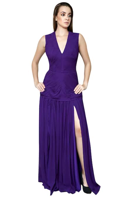 Swatee Singh Purple Georgette V Neck Pleated Gown Online at Aza Fashions Swatee Singh_Purple Georgette V Neck Pleated Gown _Online_at_Aza_Fashions