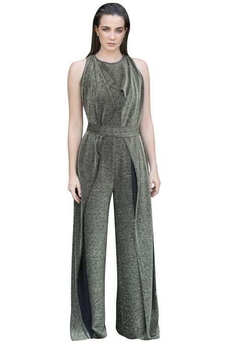 Swatee Singh_Gold Lurex Round Draped Jumpsuit _Online_at_Aza_Fashions