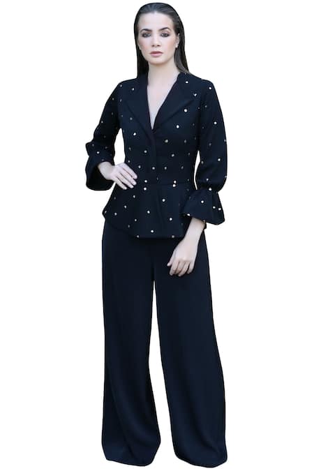 Swatee Singh Black Heavy Crepe Notched Lapel Embroidered Jumpsuit