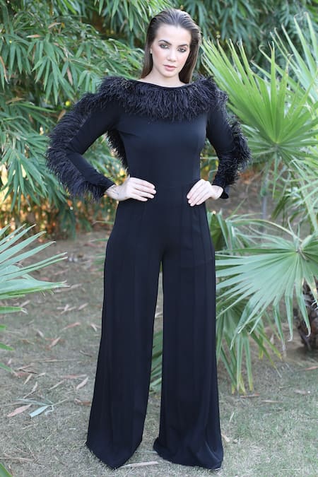 Shop Swatee Singh Black Heavy Crepe Bateau Embellished Jumpsuit at Aza Fashions Shop_Swatee Singh_Black Heavy Crepe Bateau Embellished Jumpsuit _at_Aza_Fashions