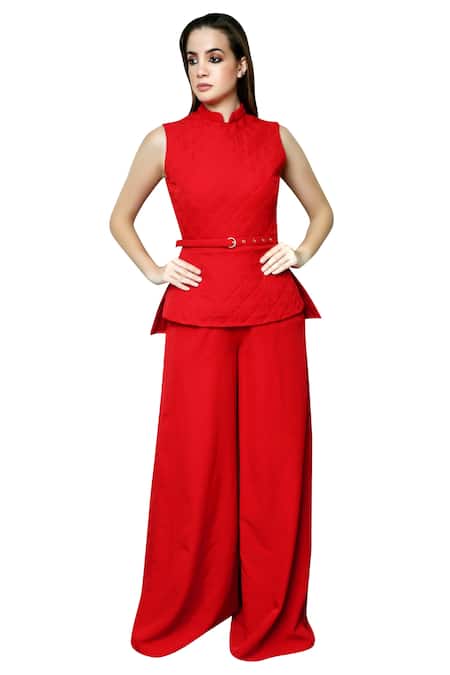 Buy Swatee Singh Red Heavy Crepe Band Collar Textured Jumpsuit Online at Aza Fashions Buy_Swatee Singh_Red Heavy Crepe Band Collar Textured Jumpsuit _Online_at_Aza_Fashions