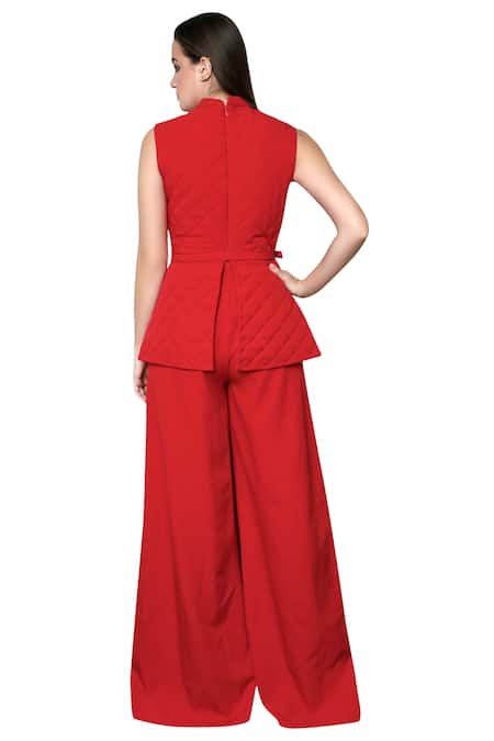 Shop Swatee Singh Red Heavy Crepe Band Collar Textured Jumpsuit at Aza Fashions Shop_Swatee Singh_Red Heavy Crepe Band Collar Textured Jumpsuit _at_Aza_Fashions
