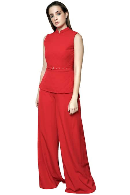 Swatee Singh Red Heavy Crepe Band Collar Textured Jumpsuit Online at Aza Fashions Swatee Singh_Red Heavy Crepe Band Collar Textured Jumpsuit _Online_at_Aza_Fashions