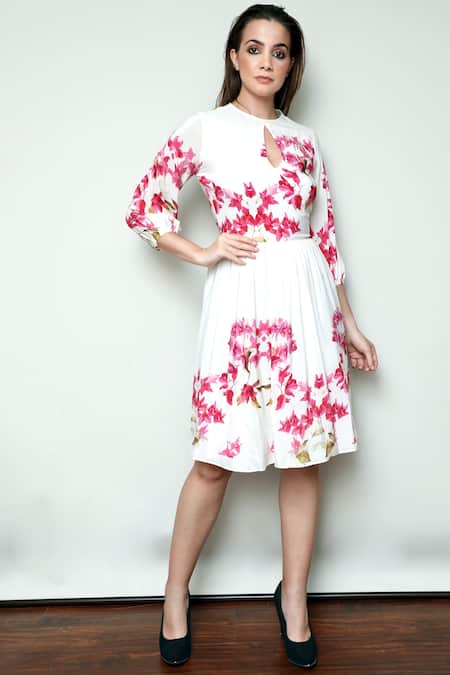 Swatee Singh White Georgette Round Printed Dress