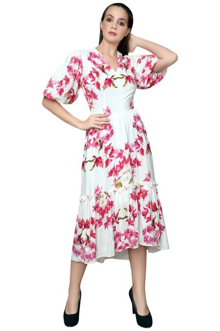 Swatee Singh White Silk Crepe V-shaped Printed Dress Online at Aza Fashions Swatee Singh_White Silk Crepe V-shaped Printed Dress _Online_at_Aza_Fashions