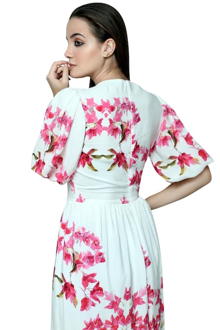 Shop Swatee Singh White Silk Crepe V-shaped Printed Dress at Aza Fashions Shop_Swatee Singh_White Silk Crepe V-shaped Printed Dress _at_Aza_Fashions