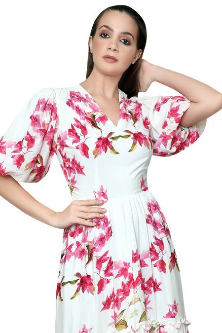 Buy Swatee Singh White Silk Crepe V-shaped Printed Dress Online at Aza Fashions Buy_Swatee Singh_White Silk Crepe V-shaped Printed Dress _Online_at_Aza_Fashions