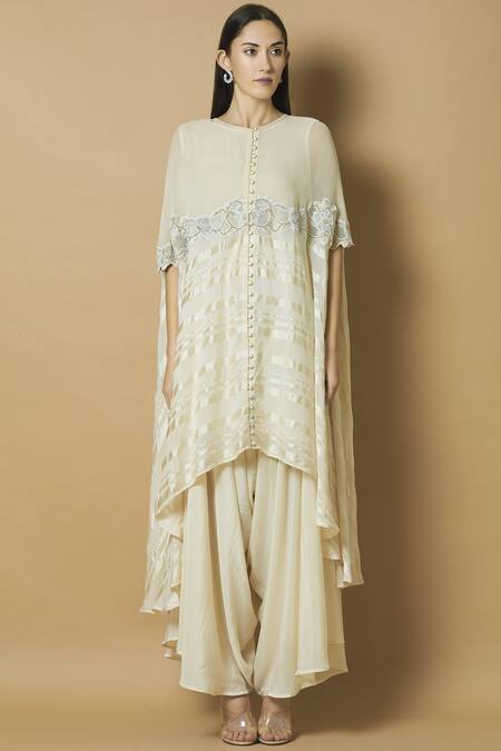 J By Jannat Cream Georgette Round Asymmetric Cape Pant Set Online at Aza Fashions J By Jannat_Cream Georgette Round Asymmetric Cape Pant Set _Online_at_Aza_Fashions