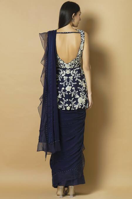 Shop J By Jannat Blue Organza Round Ruffle Saree With Embroidered Blouse at Aza Fashions Shop_J By Jannat_Blue Organza Round Ruffle Saree With Embroidered Blouse _at_Aza_Fashions