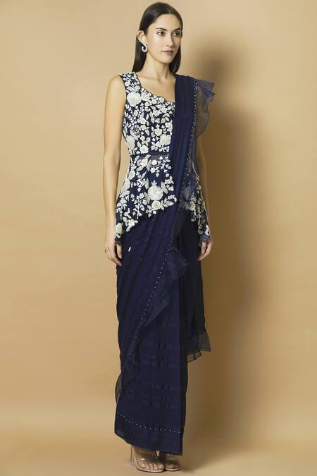 J By Jannat Blue Organza Round Ruffle Saree With Embroidered Blouse Online at Aza Fashions J By Jannat_Blue Organza Round Ruffle Saree With Embroidered Blouse _Online_at_Aza_Fashions