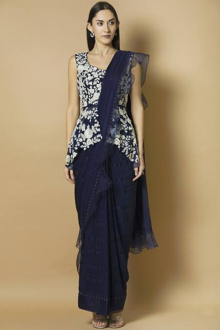 Buy J By Jannat Blue Organza Round Ruffle Saree With Embroidered Blouse Online at Aza Fashions Buy_J By Jannat_Blue Organza Round Ruffle Saree With Embroidered Blouse _Online_at_Aza_Fashions