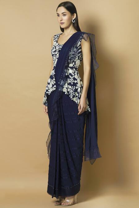 Shop J By Jannat Blue Organza Round Ruffle Saree With Embroidered Blouse Online at Aza Fashions Shop_J By Jannat_Blue Organza Round Ruffle Saree With Embroidered Blouse _Online_at_Aza_Fashions