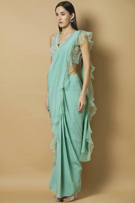 Buy J By Jannat Green Crepe V-shaped Pre-draped Saree Online at Aza Fashions Buy_J By Jannat_Green Crepe V-shaped Pre-draped Saree _Online_at_Aza_Fashions