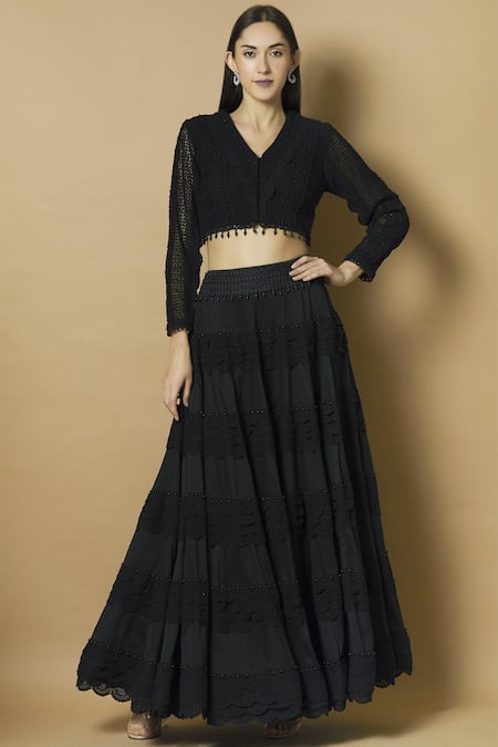 J by Jannat Black Cotton Silk V-shaped Skirt Set  