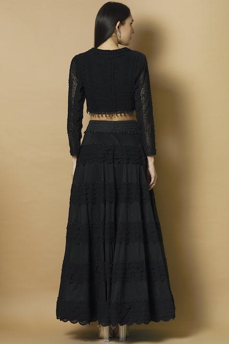 Shop J By Jannat Black Cotton Silk V-shaped Skirt Set at Aza Fashions Shop_J By Jannat_Black Cotton Silk V-shaped Skirt Set _at_Aza_Fashions