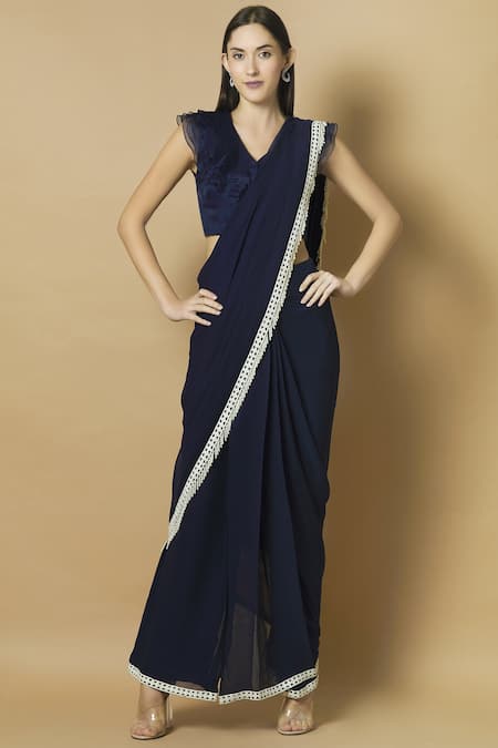 J By Jannat Blue Georgette V-shaped Pre-draped Saree With Blouse  