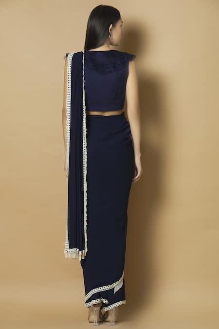 Shop J By Jannat Blue Georgette V-shaped Pre-draped Saree With Blouse at Aza Fashions Shop_J By Jannat_Blue Georgette V-shaped Pre-draped Saree With Blouse _at_Aza_Fashions