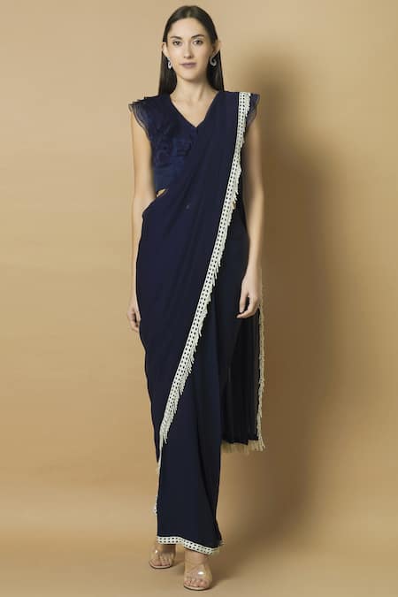 J By Jannat Blue Georgette V-shaped Pre-draped Saree With Blouse Online at Aza Fashions J By Jannat_Blue Georgette V-shaped Pre-draped Saree With Blouse _Online_at_Aza_Fashions