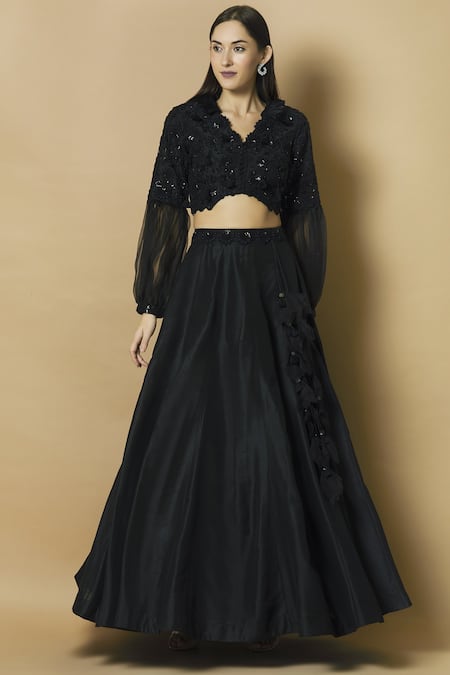 J By Jannat Black Cotton Silk V-shaped Skirt Set  