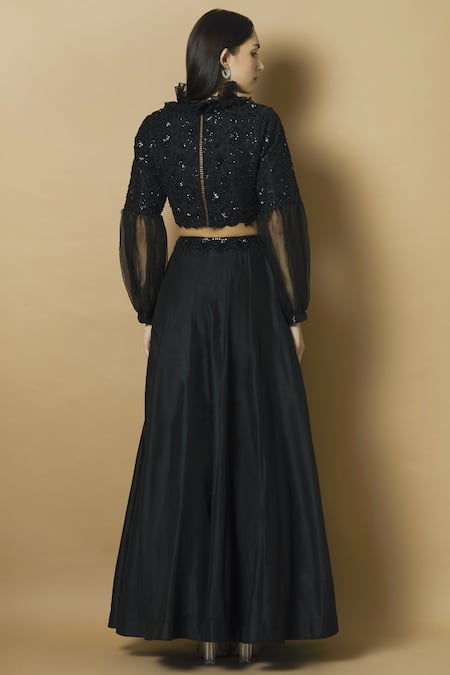 Shop J By Jannat Black Cotton Silk V-shaped Skirt Set at Aza Fashions Shop_J By Jannat_Black Cotton Silk V-shaped Skirt Set _at_Aza_Fashions