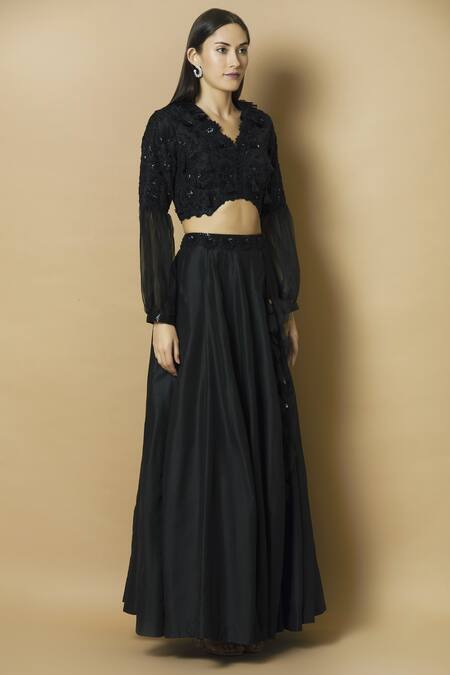 J By Jannat Black Cotton Silk V-shaped Skirt Set Online at Aza Fashions J By Jannat_Black Cotton Silk V-shaped Skirt Set _Online_at_Aza_Fashions