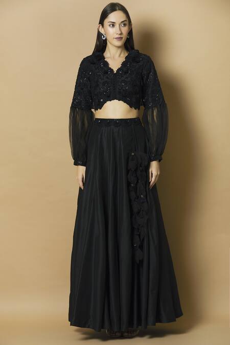 Buy J By Jannat Black Cotton Silk V-shaped Skirt Set Online at Aza Fashions Buy_J By Jannat_Black Cotton Silk V-shaped Skirt Set _Online_at_Aza_Fashions