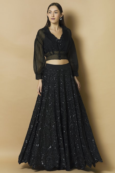 J By Jannat Black Cotton Silk Top V-shapedjacket Lapel Embroidered Skirt Set  