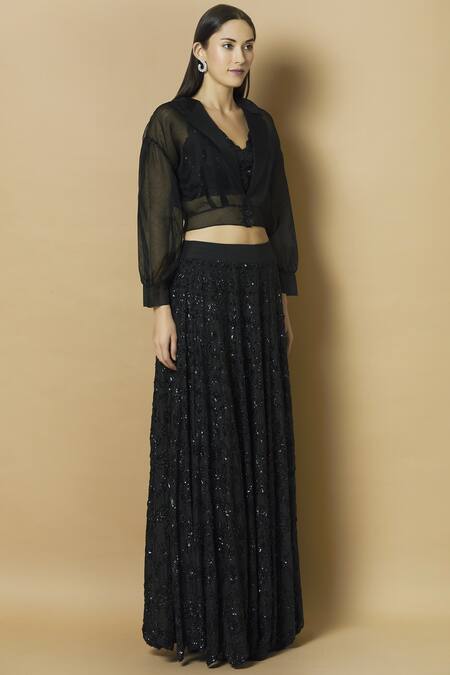 J By Jannat_Black Cotton Silk Top V-shapedjacket Lapel Embroidered Skirt Set  _Online_at_Aza_Fashions