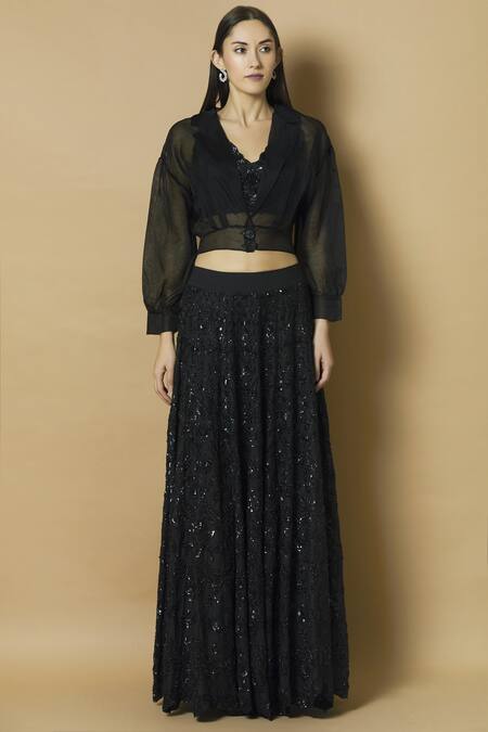 Buy_J By Jannat_Black Cotton Silk Top V-shapedjacket Lapel Embroidered Skirt Set  _Online_at_Aza_Fashions