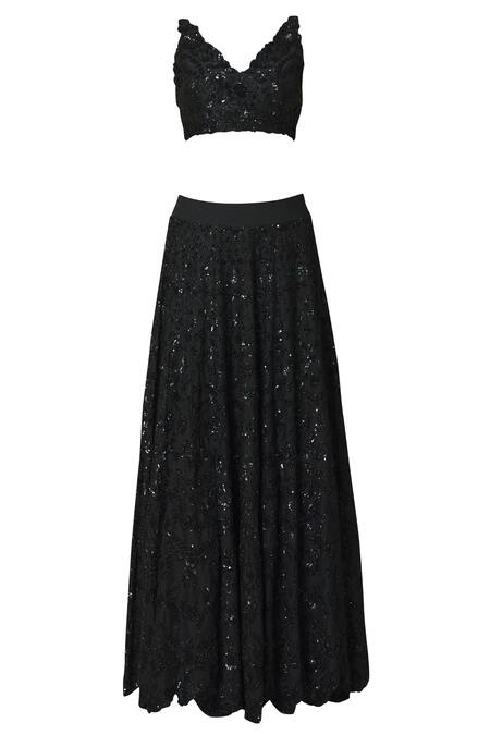 Shop_J By Jannat_Black Cotton Silk Top V-shapedjacket Lapel Embroidered Skirt Set  _Online_at_Aza_Fashions