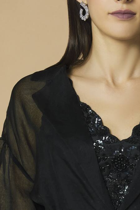 J By Jannat_Black Cotton Silk Top V-shapedjacket Lapel Embroidered Skirt Set  _at_Aza_Fashions