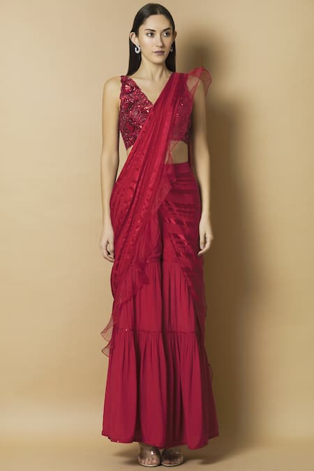 Buy J By Jannat Red Georgette V-shaped Pre-draped Saree Online at Aza Fashions Buy_J By Jannat_Red Georgette V-shaped Pre-draped Saree _Online_at_Aza_Fashions