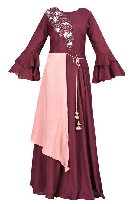 Shop_Nazaakat By Samara Singh_Wine Muslin Embroidered Anarkali_Online_at_Aza_Fashions