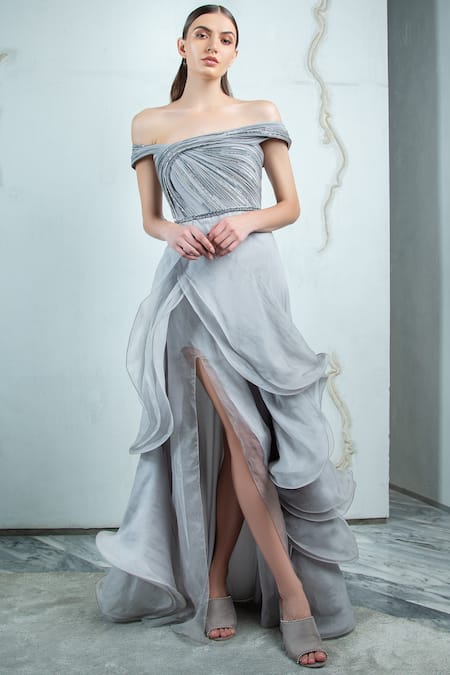 Gaurav Gupta Silver Organza Off Shoulder Ruffle Gown