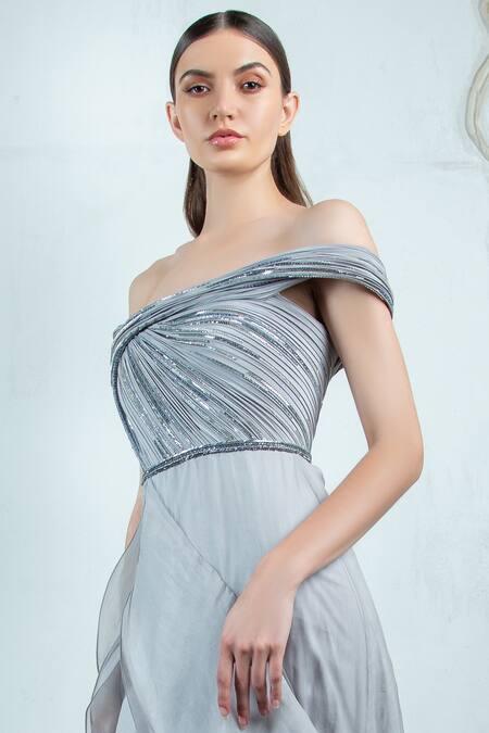 Gaurav Gupta_Silver Organza Off Shoulder Ruffle Gown_Online_at_Aza_Fashions