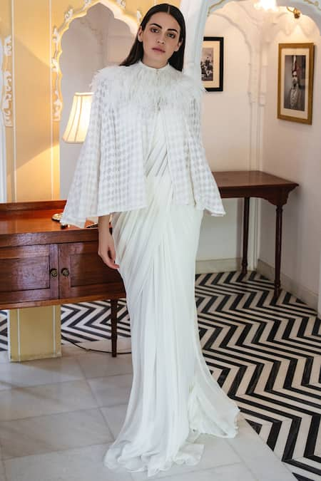 Gaurav Gupta Off White Saree Gown With Chikankari Cape