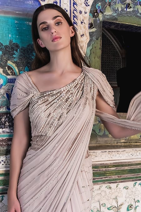 Gaurav Gupta_Pink Georgette Embellished Saree Gown_Online_at_Aza_Fashions
