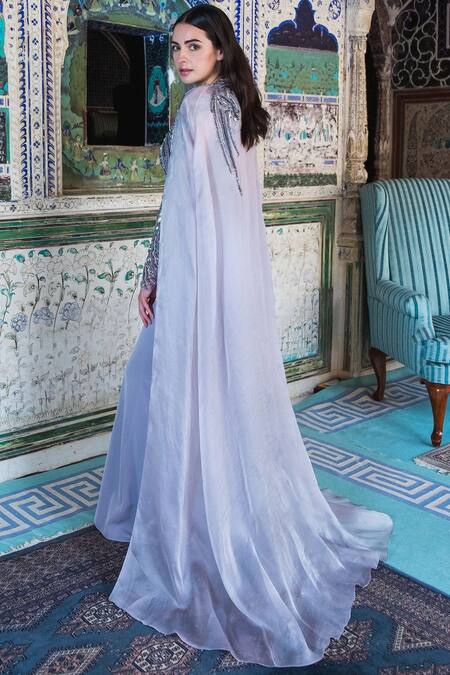 Shop Gaurav Gupta Purple Organza Embellished Top Pant Set at Aza Fashions Shop_Gaurav Gupta_Purple Organza Embellished Top Pant Set_at_Aza_Fashions