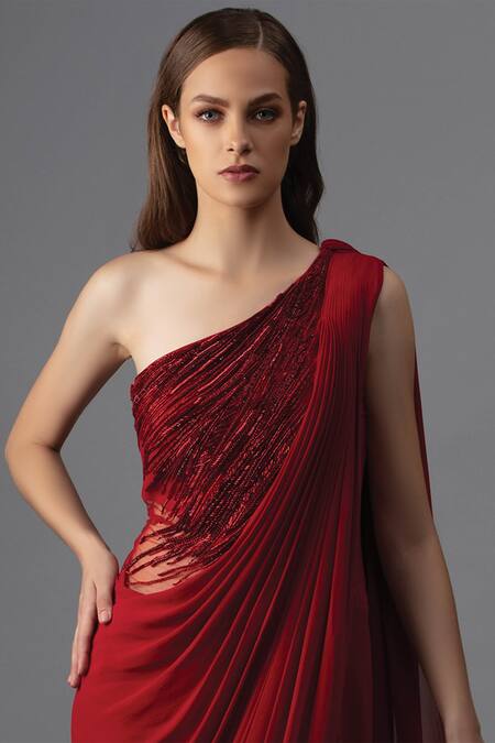 Gaurav Gupta_Red Georgette Embellished Draped Saree Gown_Online_at_Aza_Fashions