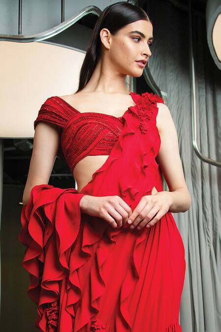 Gaurav Gupta_Red Georgette Pre-draped Ruffled Saree With Blouse_Online_at_Aza_Fashions