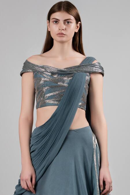 Gaurav Gupta_Blue Dupion Embellished Lehenga Saree With Blouse_Online_at_Aza_Fashions