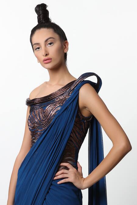 Gaurav Gupta_Blue Georgette Embellished Saree Gown_Online_at_Aza_Fashions