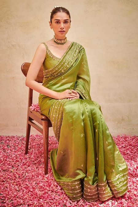 Shop_Punit Balana_Green Silk Organza U Neck Saree With Blouse _Online_at_Aza_Fashions