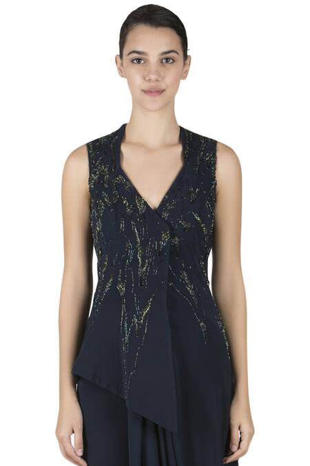 Gaurav Gupta_Blue Crepe Cowl Draped Jacket Pant Set_Online_at_Aza_Fashions