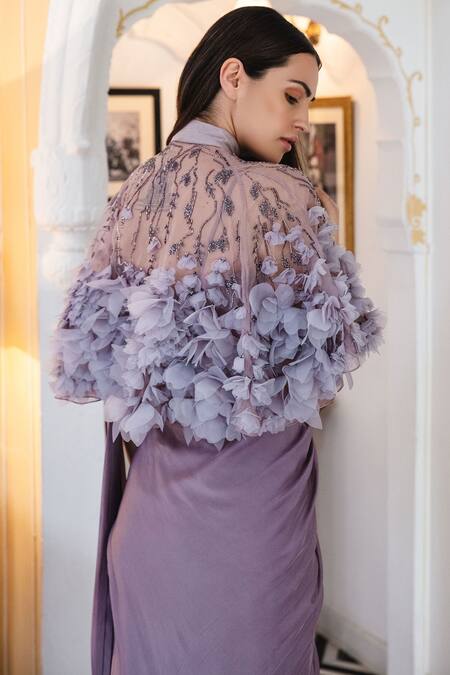 Gaurav Gupta_Purple Chiffon Draped Saree Gown With Cape_Online_at_Aza_Fashions
