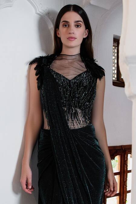 Gaurav Gupta_Black Sparkle Jersey Embroidered Draped Gown_Online_at_Aza_Fashions