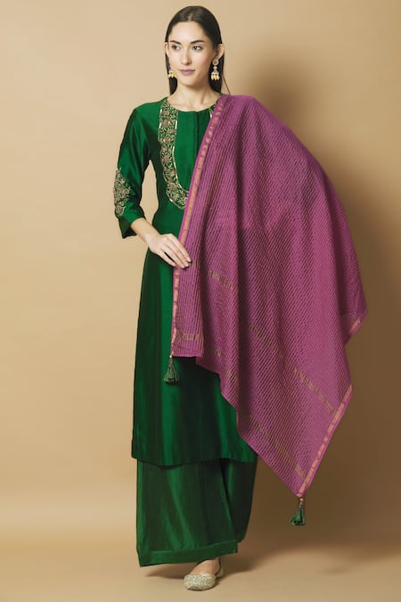 Aekatri_Green Chanderi Silk Kurta Palazzo Set_Online_at_Aza_Fashions