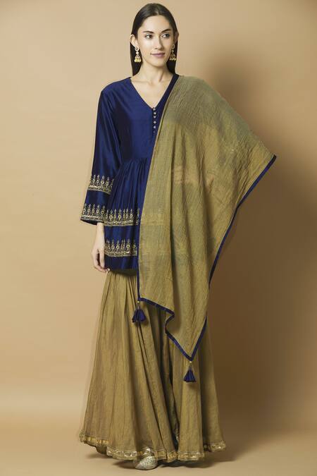 Aekatri_Blue Chanderi Silk Kurta Sharara Set_Online_at_Aza_Fashions
