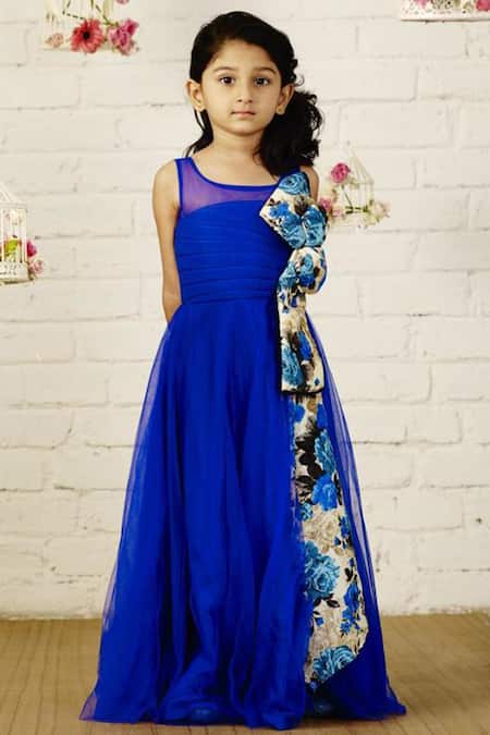 Pinkcow designs pvt ltd_Blue Silk Printed Flared Party Gown _Online_at_Aza_Fashions