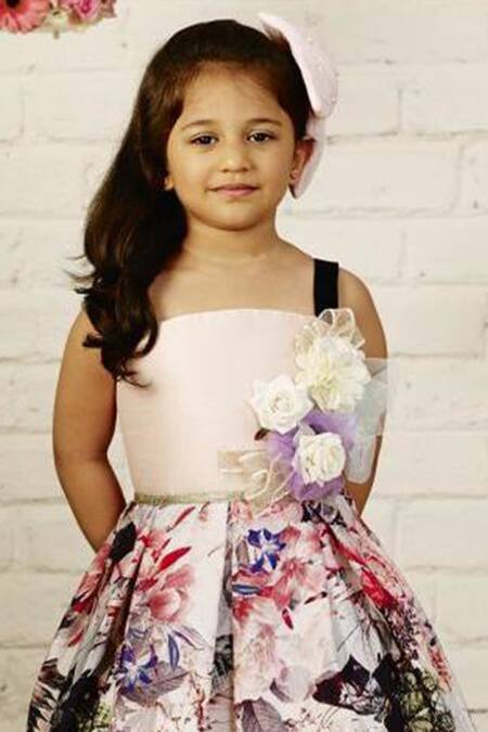 Pinkcow designs pvt ltd_Peach Raw Silk Printed Party Gown _at_Aza_Fashions